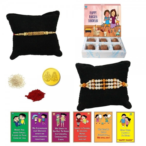 BOGATCHI 6 Chocolate Box 2 Rakhi Gold Coin Roli Chawal and Story Card C | Rakhi Special Chocolates | Rakhi Gift for Sister 